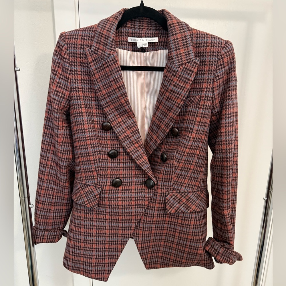 Veronica Beard Red and Black Plaid Blazer with Notched Lapels